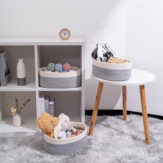 Baskets for Shelf Storage Cute Basket to Store and Organize Household Items/Woven Rope Basket for Living Room, Bedroom,Playroom/Durable Small Oval-13x8.66x5.11’’,3 Packs Off White&Gray-Ruum Studio Home
