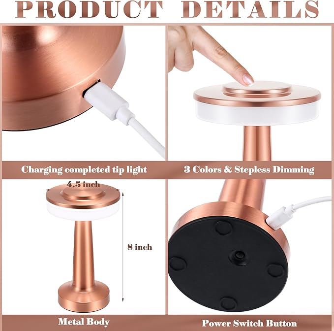 VIHOSE Set of 8 LED Portable Cordless Table Lamp with Touch Sensor 3 Color Stepless Dimming Rechargeable Battery up to 15 Hours Cordless Table Light Wireless Lamp for Nursery(Rose Gold)-Ruum Studio Home