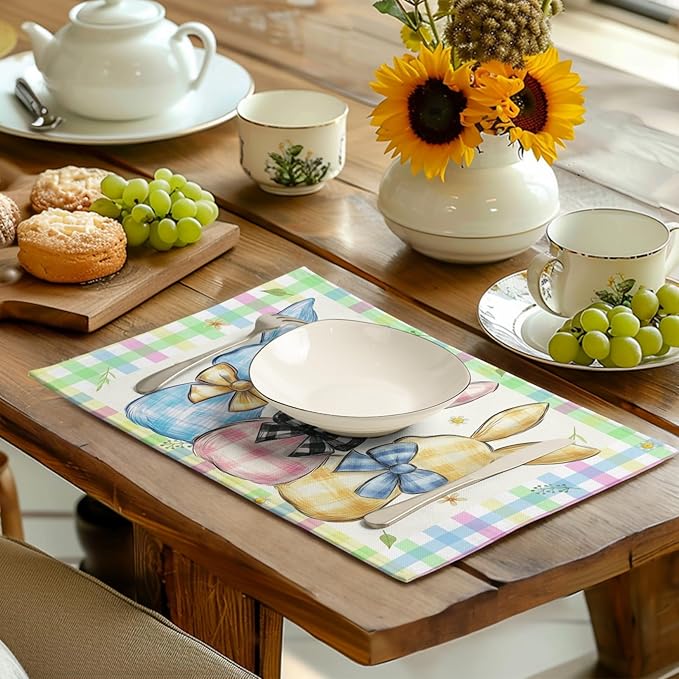 Easter Bunny Placemats Set of 4 Green Blue Pink Yellow Buffalo Plaid Rabbits Floral Bow Place Mats 12x18 Inch Happy Easter Table Mats for Spring Party Kitchen Dining Holiday Decor-Ruum Studio Home