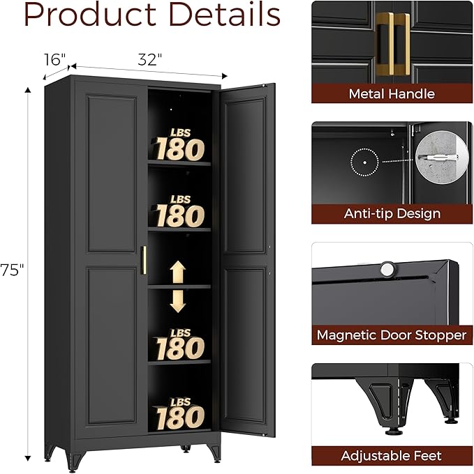 75" Kitchen Pantry Cabinet, Black Metal Storage Cabinets with 2 Doors and 4 Adjustable Shelves, Tall Pantry Storage Cabinet for Kitchen, Dining Room, Living Room-Ruum Studio Home