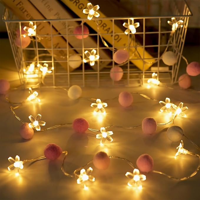 9.85Ft Fairy Lights 20 Cute Pink Pompoms 20 LEDs Cherry Blossom String Garland Battey Operated with Timer Flower Lights for Bedroom Kids Room Party Birthday Wedding Valentines Decoration-Ruum Studio Home