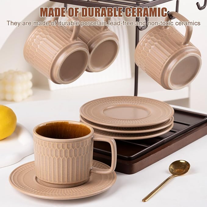 Large Cappuccino Cups with Saucers Set of 4, 8 Ounce Stackable Embossed Ceramic Coffee Mugs for Specialty Coffee Drinks, Latte, Cafe Mocha and Tea, Dishwasher & Microwave Safe (Brown)-Ruum Studio Home