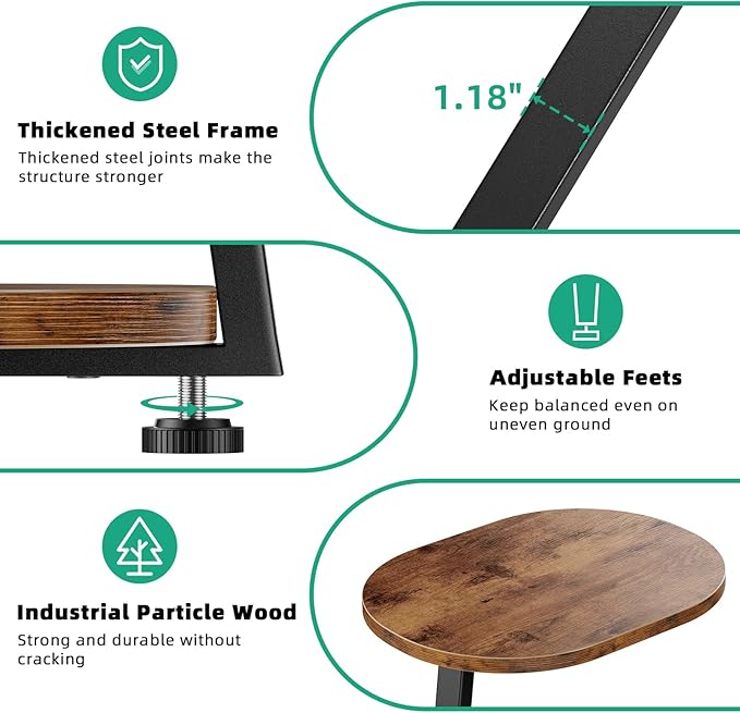 Side Table, Small End Table with Metal Frame, 3-Tier Bedside Tables, Round Side Tables for Living Room Bedroom Couch Bathroom, Oval, Vintage Brown-Ruum Studio Home