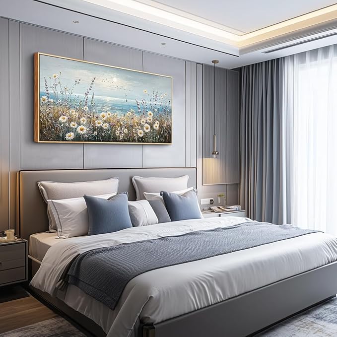 PHAOHUAXM Wall Decor For Living Room Wall Art For Bedroom Office Decorations Blue Ocean Paintings Flowers Watercolour Wall Pictures Canvas Artworks Home Decor Ready To Hang Wood Framed 20x40 In-Ruum Studio Home