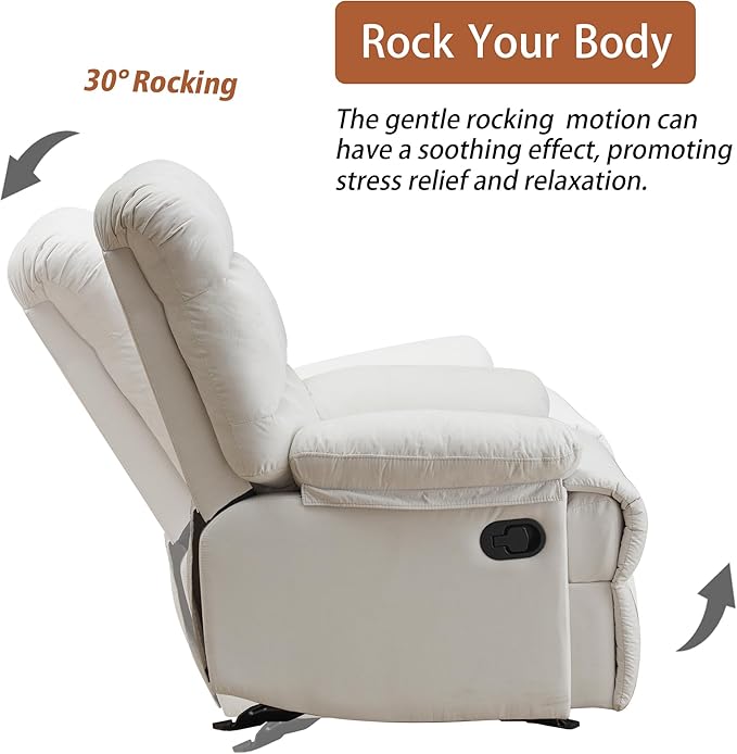 Rocker Recliner Chair, Overstuffed Manual Rocking Recliner for Adults, Upholstered Comfy Soft Fabric Living Room Reclining Sofa Chair (Beige Fabric)-Ruum Studio Home