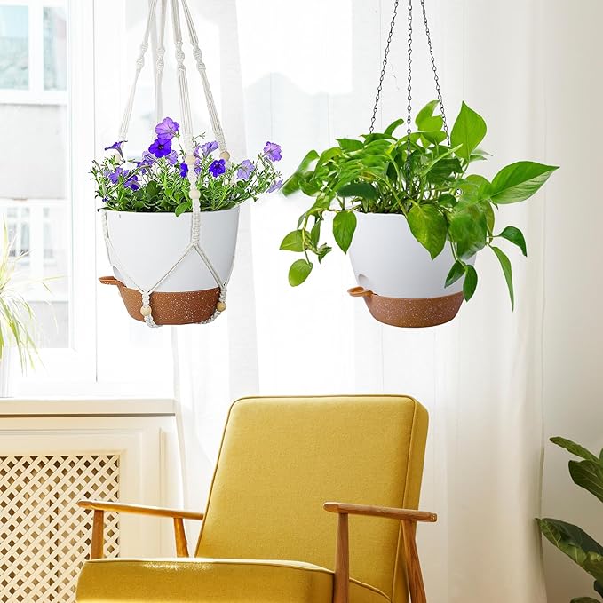10 inch Self Watering Hanging Planters, 2 Pack Hanging Baskets for Indoor Outdoor Plants, Hanging Flower Pots with Drainage Holes & 2 Kinds of Plant Hangers for Garden Home Décor, White Brown-Ruum Studio Home