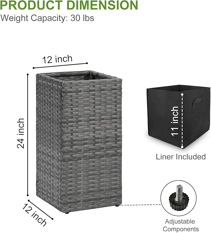 LEWIS&WAYNE Set of 2 Tall Planters for Outdoor Plants Handmade 24'' Wicker Tall Square Planter Box with Removable Liners Modern Planter for Indoor Outdoor Garden Patio Front Porch - Gray-Ruum Studio Home
