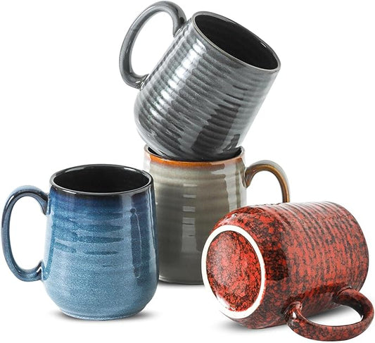 Hasense Coffee Mugs Set of 4, 12 Oz Stoneware Coffee Cups with Large Handle, Colorful Rustic Mug Set for Coffee, Tea, Coco, Latte, Dishwasher and Microwave Safe-Ruum Studio Home