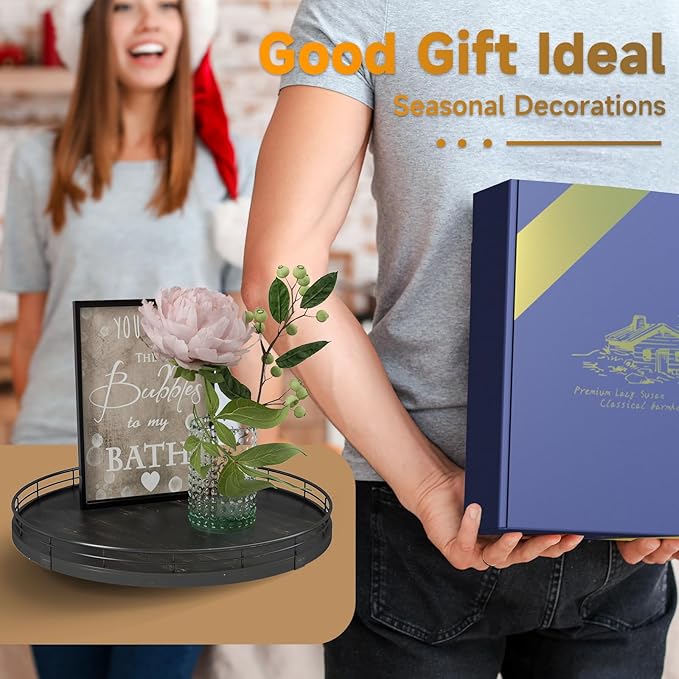 13" Oak Bathroom Vanity Tray Turntable for Perfume Candle, Round Wooden Decorative Tray for Kitchen Sink Countertop Organizer, Bathroom Counter Organizer for Skincare Makeup, Farmhouse Black Gold-Ruum Studio Home