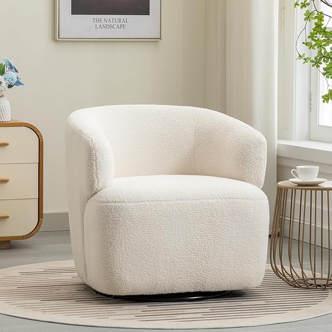 Swivel Accent Chair, Sherpa Teddy Barrel Chair for Living Room, Cozy Round Boucle Arm Chair, Metal Base for Club Nursery Bedroom, Beige Cream White-Ruum Studio Home