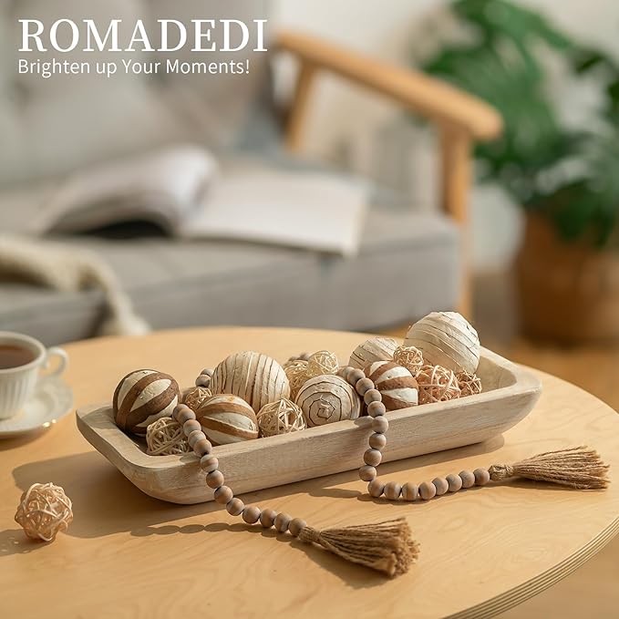 Romadedi Decorative Bowls for Home Decor - 16" Wooden Dough Bowl for Decor, Large Wood Bowl for Kitchen Table Centerpieces Long Narrow Wooden Tray for Dining Table Whitewashed-Ruum Studio Home