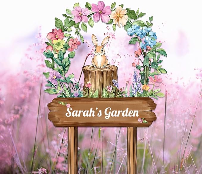 Personalized Rabbit Metal Sign with Stake,Custom Gardener Last Name Signs Outdoor Decor,Customized Flowers Gardening Birthday Gifts,Cute Animal Plaques for Patio Lawn Porch Backyard Farmhouse Outside-Ruum Studio Home