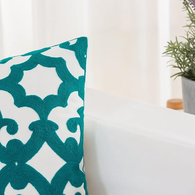 HWY 50 Teal Decorative Throw Pillow Covers 18x18 Inch (1 Piece), Embroidered Cotton Farmhouse Cushion Cover Pillow Case for Sofa Couch Living Room Bed, Geometric-Ruum Studio Home