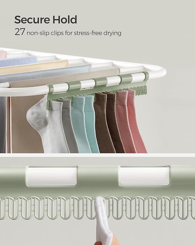 SONGMICS Clothes Drying Rack, Foldable 2-Level Laundry Drying Rack, Free-Standing Laundry Airer, with Height-Adjustable Wings, 33 Drying Rails, Sock Clips, White and Green ULLR053C01V1-Ruum Studio Home