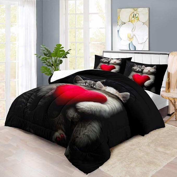 Cute Cat Comforter Set Twin,Kawaii Cat Bedding Set for Girls,Cute Animal Comforter Red Love Heart Bedding Decor,Kawaii Farm Animal Quilt Patterns Kids and Adults-Ruum Studio Home