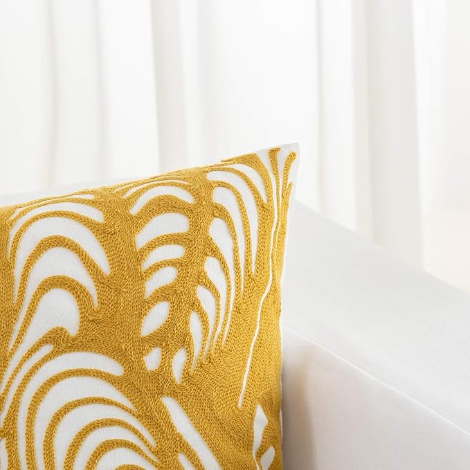 HWY 50 Yellow Decorative Throw Pillow Covers 18x18 Inch (1 Piece), Embroidered Cotton Farmhouse Cushion Cover Pillow Case for Sofa Couch Living Room Bed, Texture-Ruum Studio Home