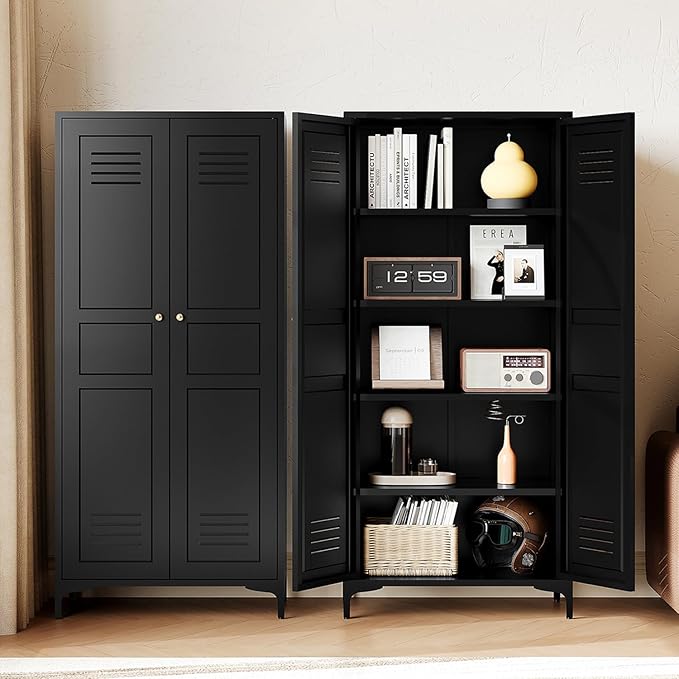 Letaya Black Storage Cabinet with Feets-Metal Home Kitchen Pantry Cabinets with Doors and Adjustable Shelves,Organization Locker for Cupboard/Bedroom/Dining/Living/Bathroom/Office/Garage Room (Black)-Ruum Studio Home