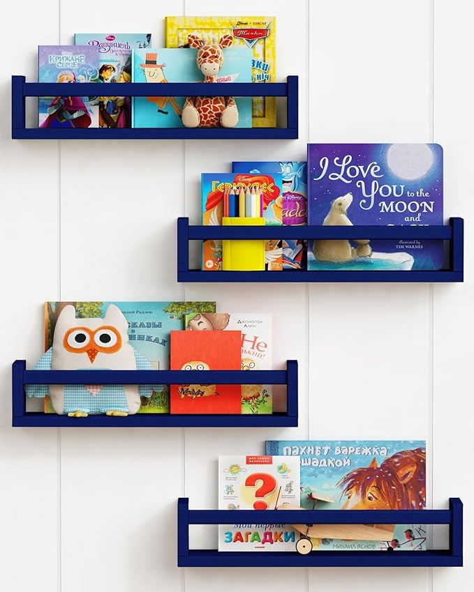 Forbena Navy Blue Floating Book Shelves for Nursery Boy, Decorative Wall Bookshelf for Kids Room, Small Wood Floating Shelves Wall Mounted for Boys Bedroom Bathroom (Set of 4, Blue)-Ruum Studio Home