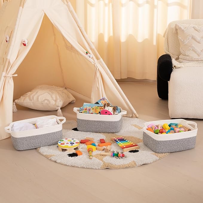 OIAHOMY 3 Pack Storage Baskets for Organizing, Woven Cotton Rope Basket for Shelves, Closet Organizer Bins with Handles, Rectangle Toy Organization, 13.78''×9.84''×5.5'', Grey & White-Ruum Studio Home