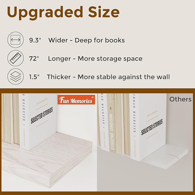 72 Inch Floating Shelves, 72 x 9 Rustic Wooden Fireplace Mantel, 9 Inch Floating Shelf for Wall, Farmhouse Wall Shelves for Home Storage & Display, Brich Color, Set of 1-Ruum Studio Home