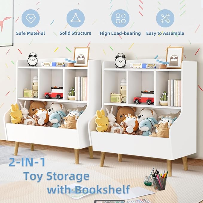 Kids Bookshelf and Toy Storage, 4-Cubby Toy Storage Organizer with Bookcase, Wood Kid Storage Cubby, 24"L x 14"D x 28"H Montessori Toy Shelf, Toddler Book Shelf for Kids Room Nursery Playroom-Ruum Studio Home