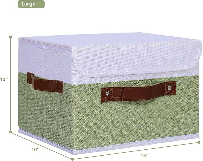 ANMINY 4PCS Storage Boxes with Lid Washable Decorative Storage Bins Basket with PU Leather Handle Foldable Linen Fabric Storage Cubes Containers for Home Closet Organizer - Green White, Large Size-Ruum Studio Home