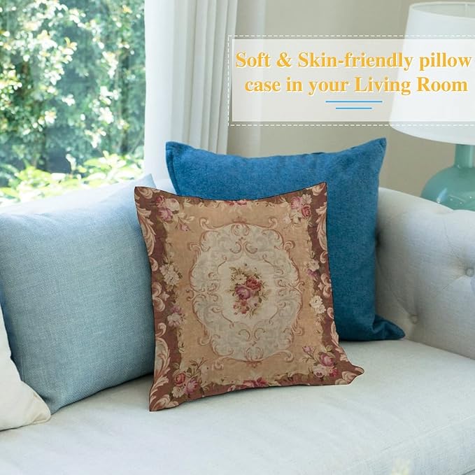 RURALS Antique Rose Floral French Aubusson Rug Decorative Pillow Covers Cozy Soft Throw Pillowcase Square Couch Cushion Cover for Home Decor Sofa Living Room Bed Car 18x18 Inch-Ruum Studio Home