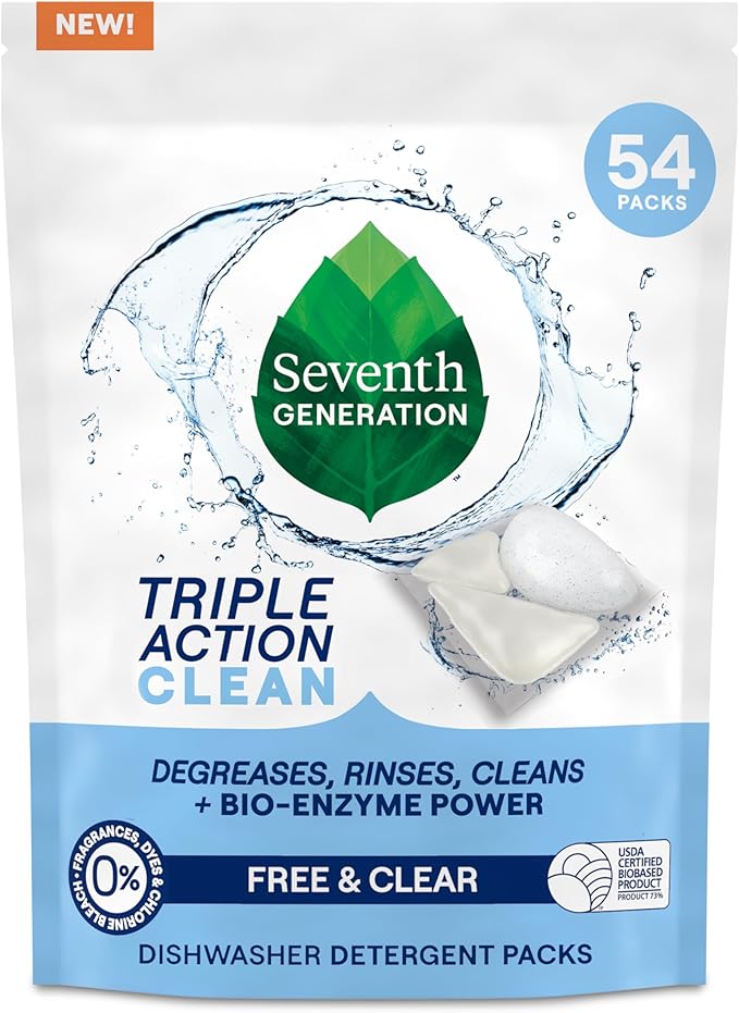 Seventh Generation Triple Action Clean Automatic Dishwasher Detergent Packs with Bio-Enzyme Power, Free & Clear, Fights 48-hour Stuck-on Food, 54 count-Ruum Studio Home