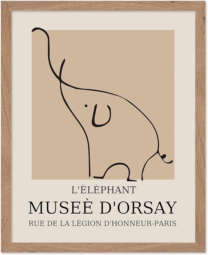Poster Master Vintage Poster - Retro Minimalist Print - Gift for Artist, Housewarming - Elephant, Line Drawing, Sketch, Abstract - Wall Decor for Living Room, Bedroom, 8x10 Beige Framed-Ruum Studio Home