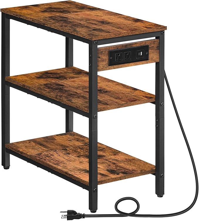 HOOBRO End Table with Charging Station, Simple Rustic Side Table with 3-Tier Storage Shelf, Narrow Nightstand for Small Spaces, for Living Room, Industrial Design, Rustic Brown and Black BF149UBZ01-Ruum Studio Home
