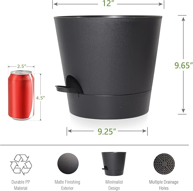 Self Watering Pots for Indoor Plants,12 inch Planters with Drainage Holes Plastic Flower Pots with Deep Reservoir, Black-Ruum Studio Home
