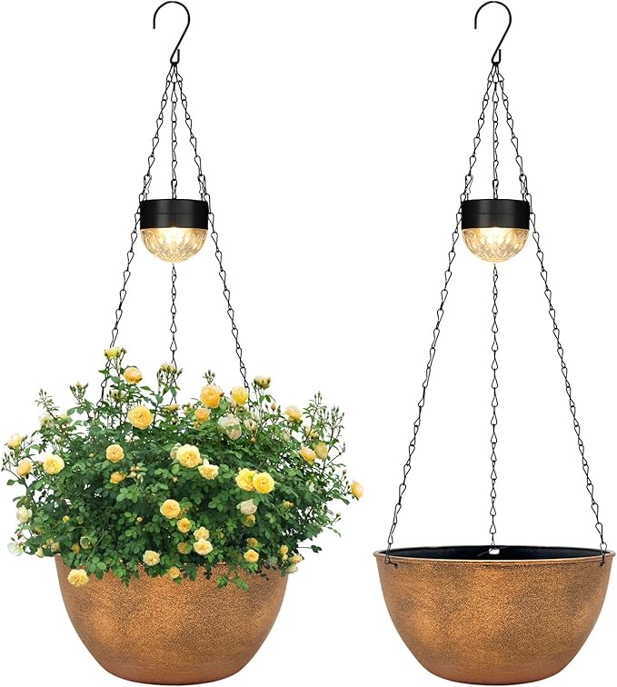 2 Packs Hanging Planters Basket for Outdoor Plants, Solar Powered Self Watering Bronze Round Plastic Flower Pots with Drainer for Balcony Patio Garden Outdoor Decoration-Ruum Studio Home