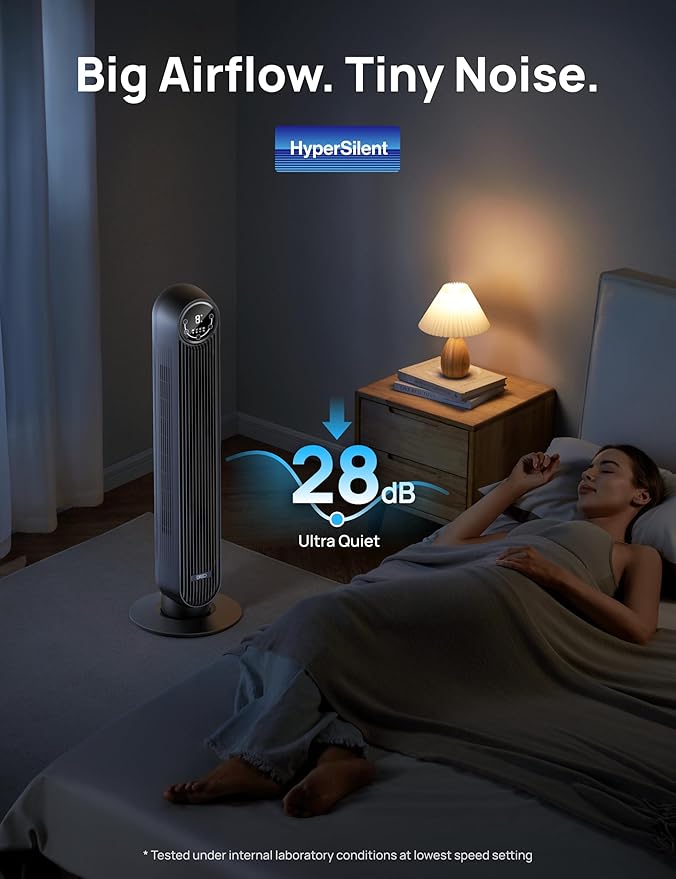 Dreo Tower Fan for Bedroom, Smart Oscillating Quiet Floor Fans, Standing Bladeless Fan with Remote and WiFi Voice Control, 4 Modes, 4 Speeds, 8H Timer, 28dB, Works with Alexa/Google-Ruum Studio Home