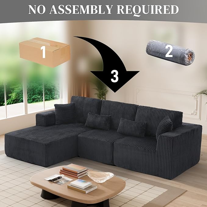 HYJT-H&K Modular Sectional Sofa Cloud Sectional Couch, 107" Comfy Fluffy L Shaped Dark Black Couches for Living Room, Deep Seat Memory Foam Plush Corduroy Boneless Couch Sectionals Left Facing Chaise-Ruum Studio Home