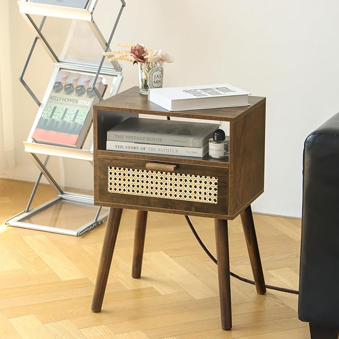 MaxSmeo Small Nightstand with Charging Station, Rattan Side Table Mid Century Modern Bedside Table for Bedroom, Living Room and Small Spaces, Solid Wood Legs (Rustic Brown)-Ruum Studio Home