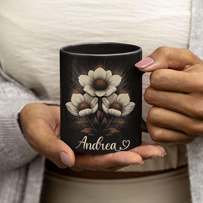 Personalized Nature Inspired Coffee Mug, Custom Name Black Cup 11oz or 15oz, Elegant Flower Ceramic Mug for Gardeners, Custom Floral Themed Coffee Cup, Gifts for Flower Lovers-Ruum Studio Home