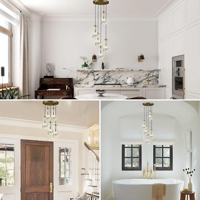 Gold 5 Light Cluster Pendant Lighting, Raindrop Chandeliers Brass Dining Room Lights Fixture, Teardrop Pendant Lights Kitchen Island, Hanging Lamp Ceiling for Entryway Foyer Staircase-Ruum Studio Home