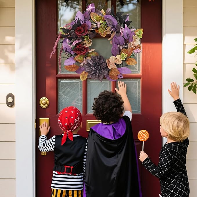 GarveeHome 18 Inch Halloween Wreath, Halloween Garland with Artificial Roses & Spiders, Indoor Outdoor Holiday Accent Decoration for Front Door Porch Wall Home Party Window, Red & Purple-Ruum Studio Home