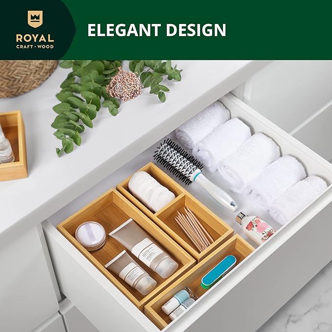 ROYAL CRAFT WOOD Luxury Bamboo Drawer Organizer Storage Box, Bin Set - Multi-Use Drawer Organizer for Kitchen, Bathroom, Office Desk, Makeup, Jewelry (3 Boxes)-Ruum Studio Home