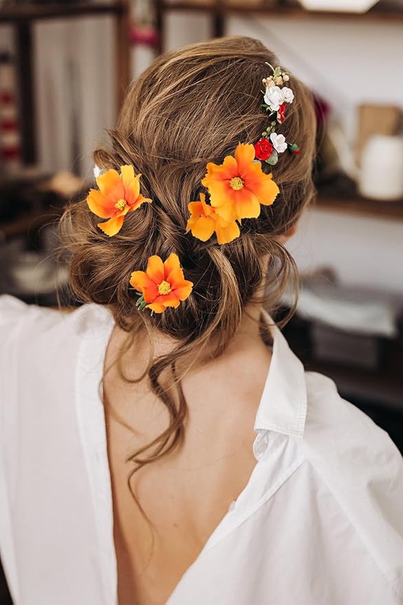 IPOPU Orange Silk Flowers Artificial Daisies 5PCS Cosmos Artificial Flowers Fake Wildflowers Daisy Flowers with Stems for Home Decor Indoor Floral Arrangements Centerpiece (Orange)-Ruum Studio Home