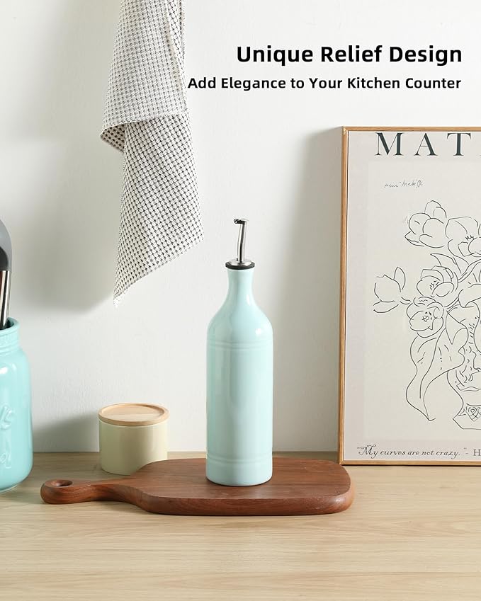 Sweejar Large Ceramic Olive Oil Dispenser Bottle, Opaque Oil Cruet Protects to Reduce Oxidation, Suitable For Storage Of Vinegar, Soy Sauce & Other Liquids, Pack of 1, 24 Fl Oz (Light Blue)-Ruum Studio Home