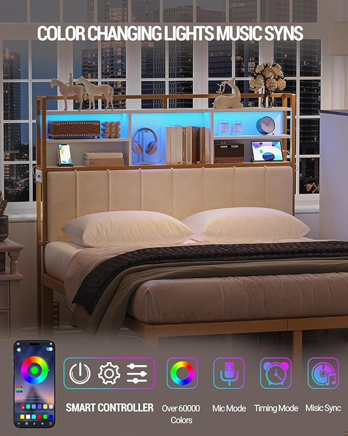 Headboard with 3-Tier Storage Shelves, Velvet Upholstered Head Board with 2 Outlets, USB Ports & LED Light, Soft Backrest for Queen Size Bed, White and Gold BH15203AV1-Ruum Studio Home