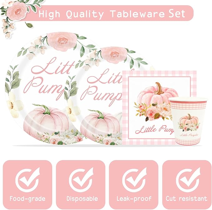 Aukolass Pumpkin Party Supplies Tableware Set - Fall Theme Party Decorations Including Plates, Napkins and Cups for Pumpkin Birthday and Baby Shower Party, Serves 24 Guests (pink)-Ruum Studio Home