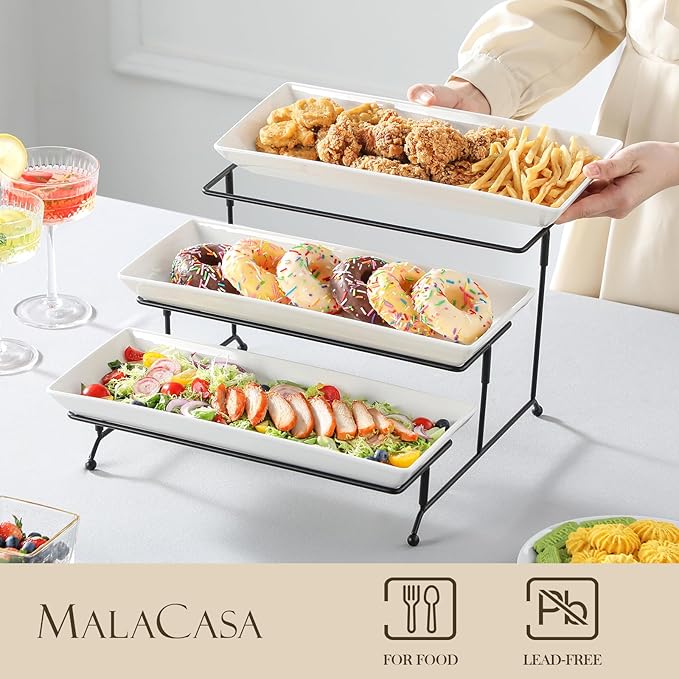 MALACASA 3 Tier Serving Tray, Porcelain Tiered Cupcake Stand, Ceramic Elevated Serving Platter with Collapsible Sturdier Rack,Series PLAT (White, 14 Inch)-Ruum Studio Home
