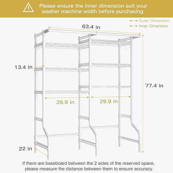 Ulif U13 Over Washer and Dryer Storage Shelves, 6 Tiers Laundry Room Standing Shelf with 2 Hanger Rods, Space Saver Clothes Drying Rack, 63.4" W x 22" D x 77.4" H, White-Ruum Studio Home
