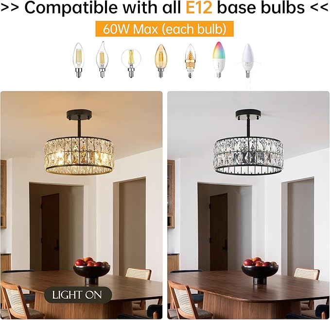 12” 3-Light Modern Crystal Chandeliers Black Dinning Room Light Fixture with Two Poles, Round Pendant Light Kitchen Island Chandelier, Flush Mount Ceiling Light for Living Room Entryway-Ruum Studio Home