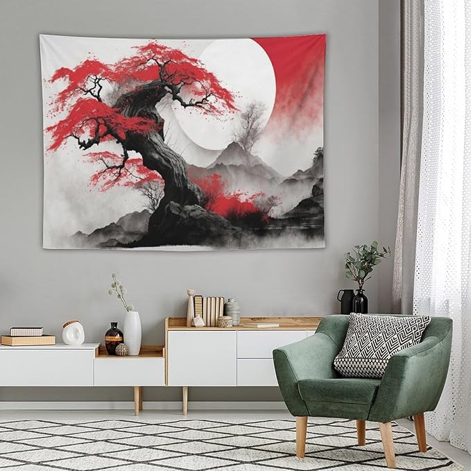 Cherry Blossoms Tapestry,Japanese Red Landscape Asian Watercolor Abstract Art Tapestry,Japanese Wall Tapestry, Nature Landscape Tapestries for Bedroom Living Room Decor 80"x60"-Ruum Studio Home
