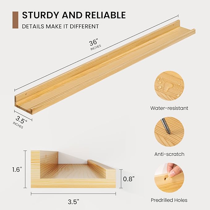 Picture Ledge Shelf, Solid Pine Wood Floating Shelves Set of 2, 36 Inches Nursery Book Shelves for Toys Storage, Kids Bookshelf Wall Mounted for Living Room Bedroom Decor Books Photo Frames, Natural-Ruum Studio Home