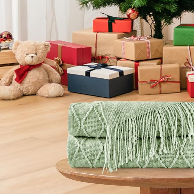 inhand Sage Green Throw Blanket for Couch, Soft Living Room Home Decor Knitted Blanket with Tassel, Outdoor Lightweight Breathable Summer Blanket, Farmhouse Warm Woven Decorative, 50"x60"-Ruum Studio Home