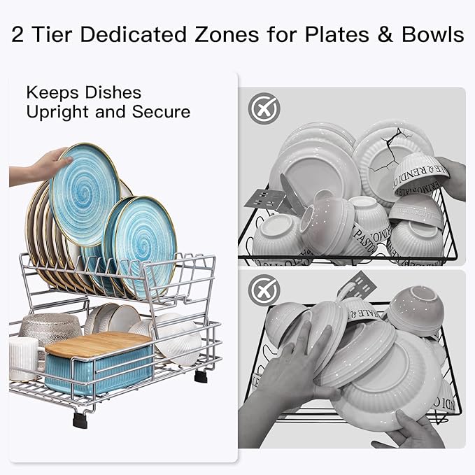 BOOSINY 2 Tier Grey Large Stainless Steel Dish Drainers Drying Rack for Kitchen Counter with Drainboard, Rust Proof Metal, Space Saving, Modern Aesthetic, Compact Plates Strainers with Extra Mat-Ruum Studio Home